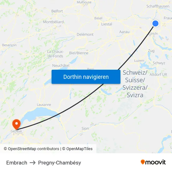 Embrach to Pregny-Chambésy map