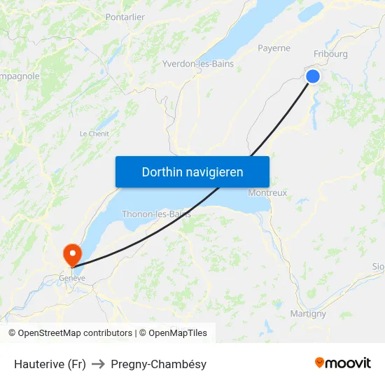 Hauterive (Fr) to Pregny-Chambésy map