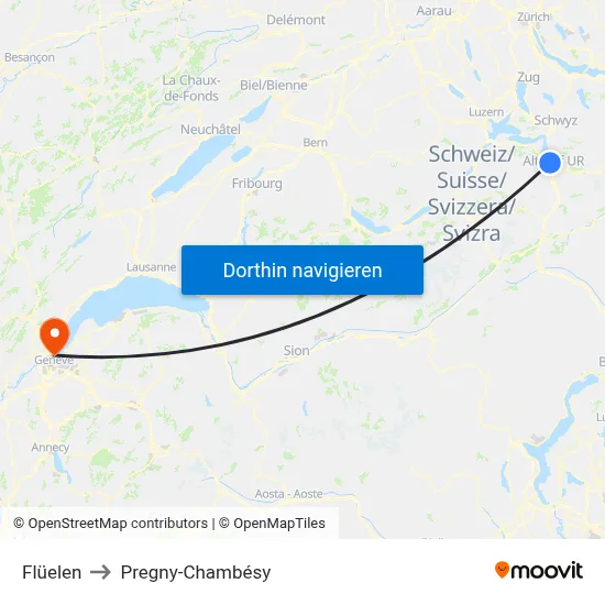 Flüelen to Pregny-Chambésy map