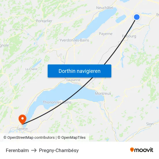 Ferenbalm to Pregny-Chambésy map