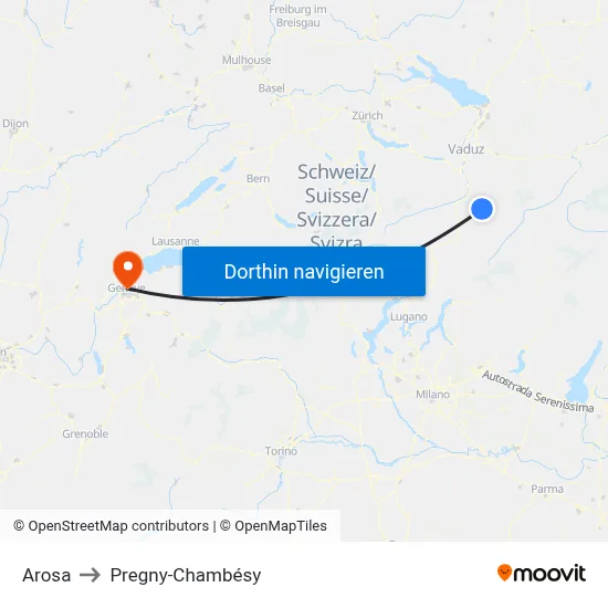 Arosa to Pregny-Chambésy map