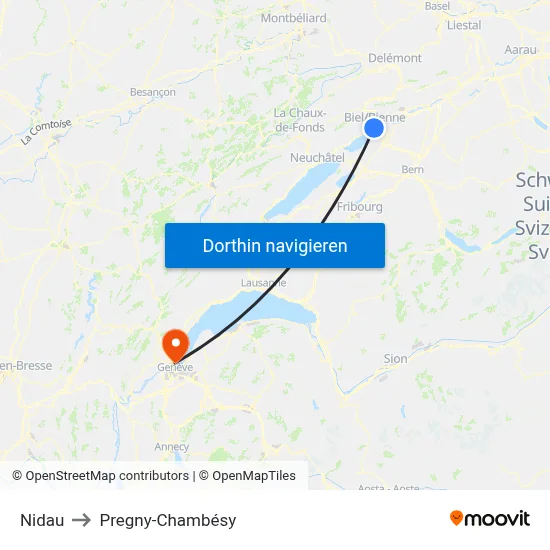 Nidau to Pregny-Chambésy map