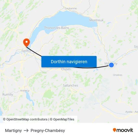 Martigny to Pregny-Chambésy map