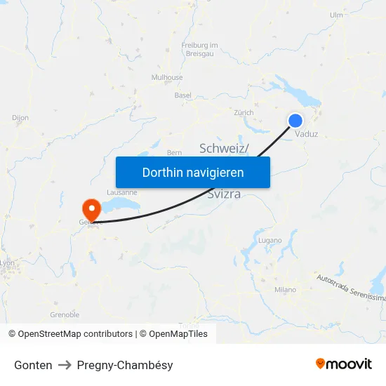 Gonten to Pregny-Chambésy map