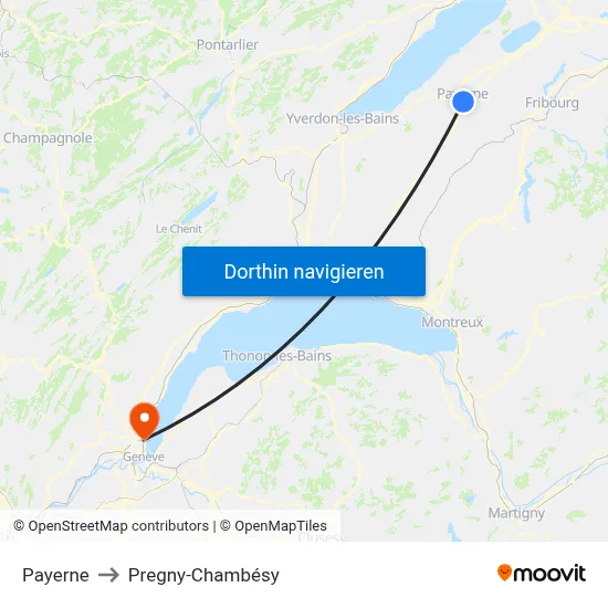 Payerne to Pregny-Chambésy map