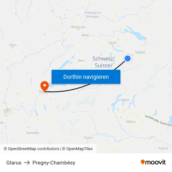 Glarus to Pregny-Chambésy map