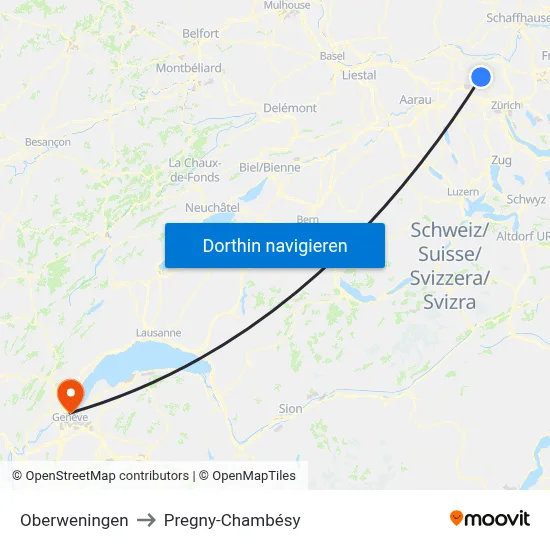 Oberweningen to Pregny-Chambésy map