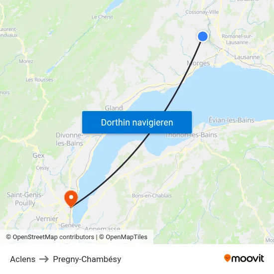 Aclens to Pregny-Chambésy map