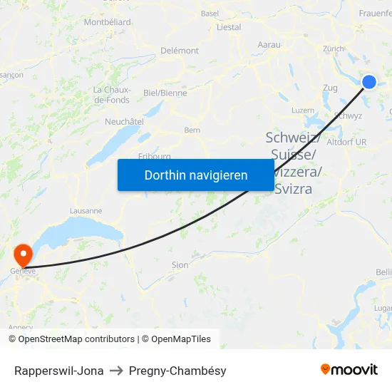 Rapperswil-Jona to Pregny-Chambésy map