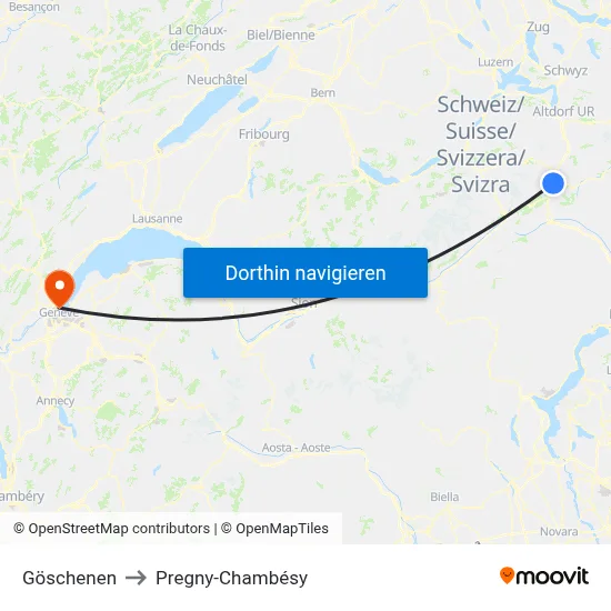Göschenen to Pregny-Chambésy map