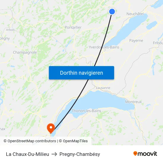 La Chaux-Du-Milieu to Pregny-Chambésy map