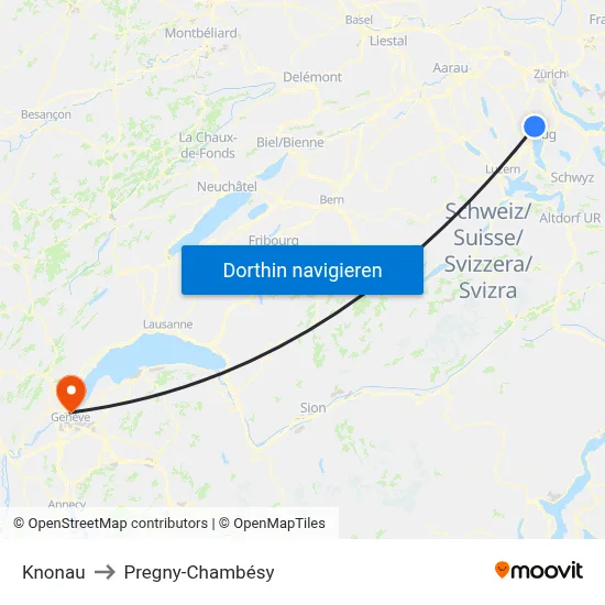 Knonau to Pregny-Chambésy map