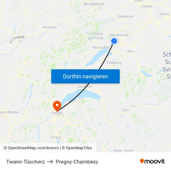 Twann-Tüscherz to Pregny-Chambésy map