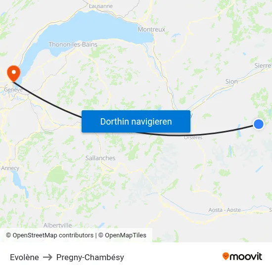 Evolène to Pregny-Chambésy map