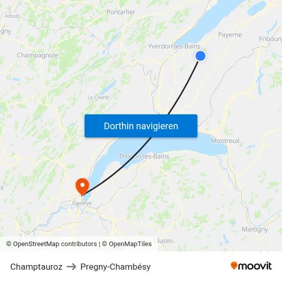 Champtauroz to Pregny-Chambésy map
