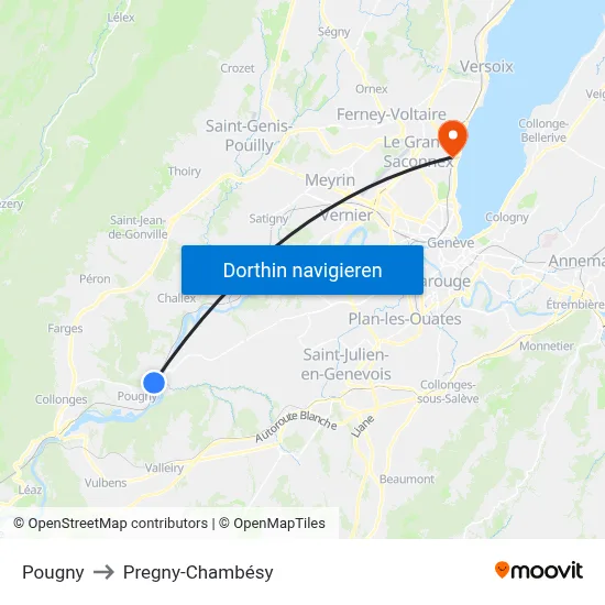 Pougny to Pregny-Chambésy map