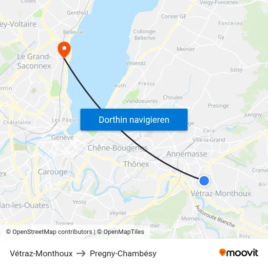 Vétraz-Monthoux to Pregny-Chambésy map