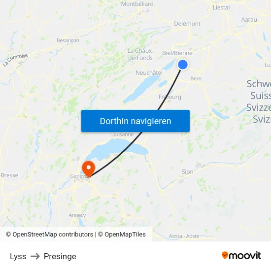 Lyss to Presinge map