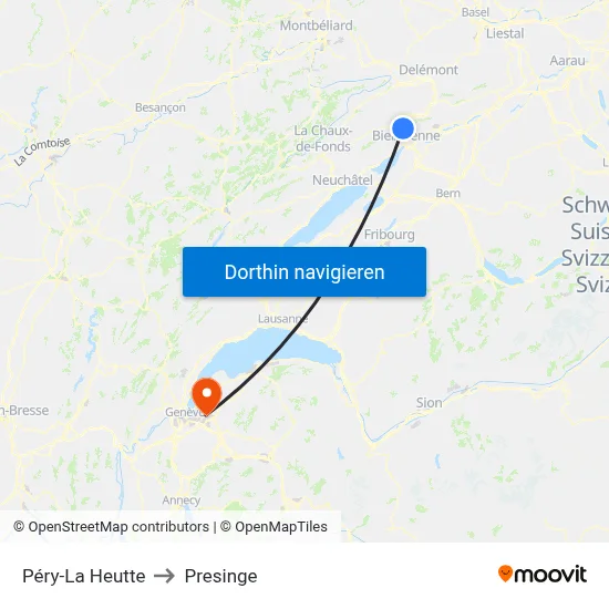 Péry-La Heutte to Presinge map