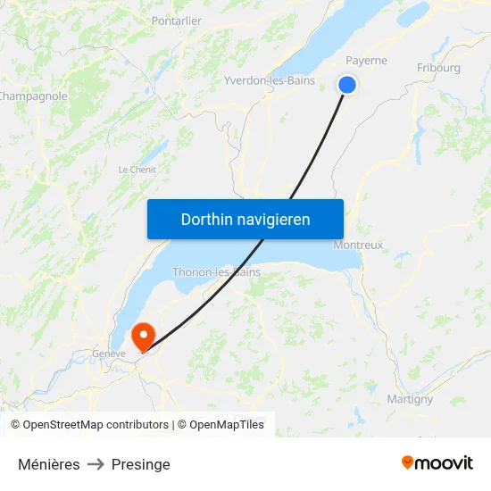 Ménières to Presinge map