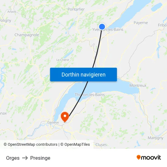 Orges to Presinge map