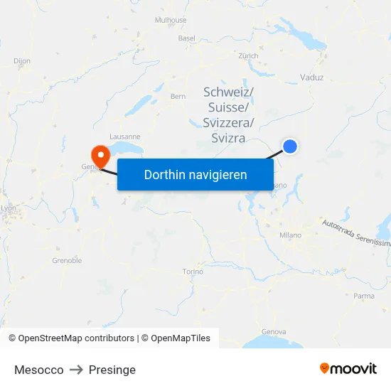 Mesocco to Presinge map