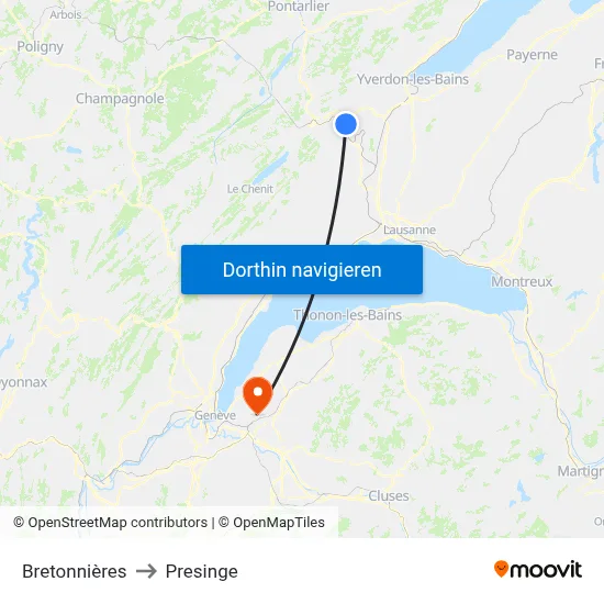 Bretonnières to Presinge map