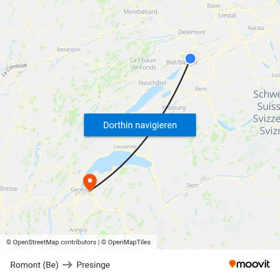 Romont (Be) to Presinge map