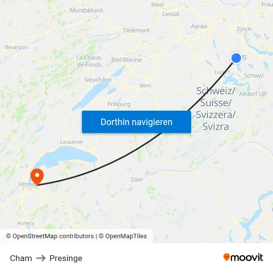 Cham to Presinge map