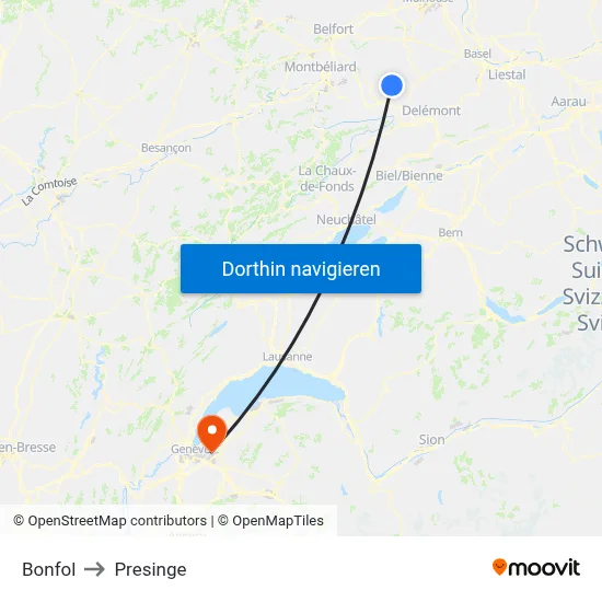 Bonfol to Presinge map