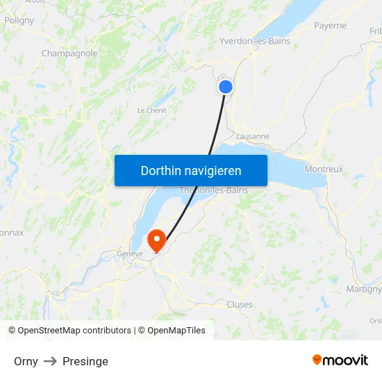 Orny to Presinge map
