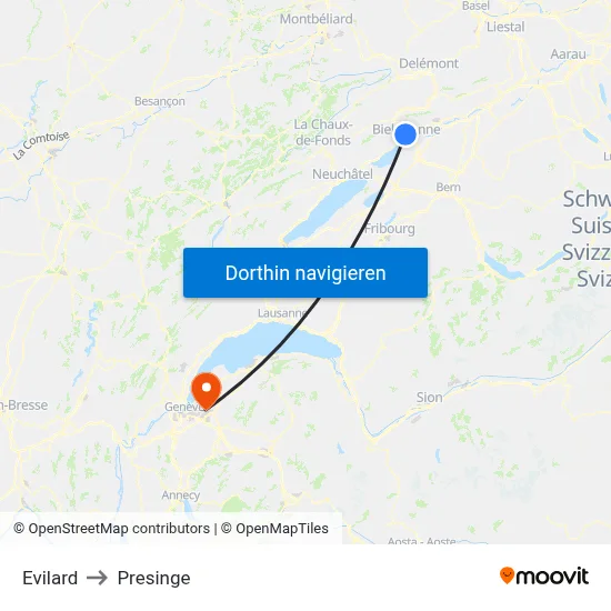 Evilard to Presinge map