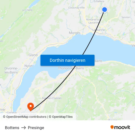 Bottens to Presinge map