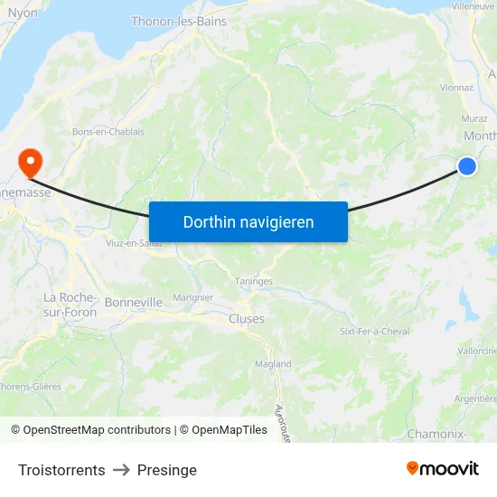 Troistorrents to Presinge map