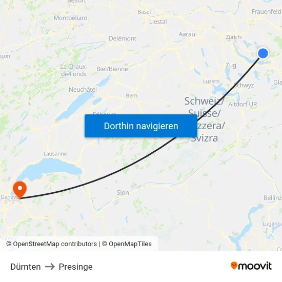 Dürnten to Presinge map