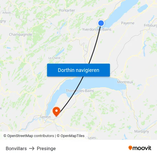 Bonvillars to Presinge map