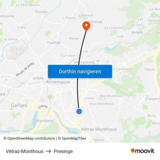 Vétraz-Monthoux to Presinge map