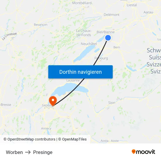 Worben to Presinge map