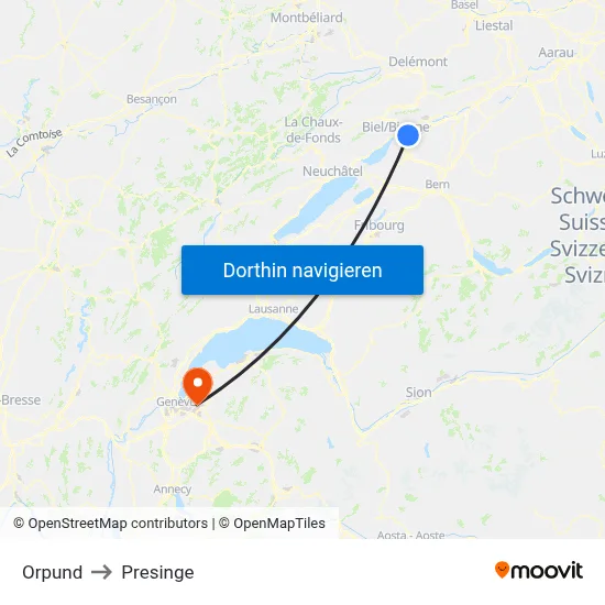 Orpund to Presinge map