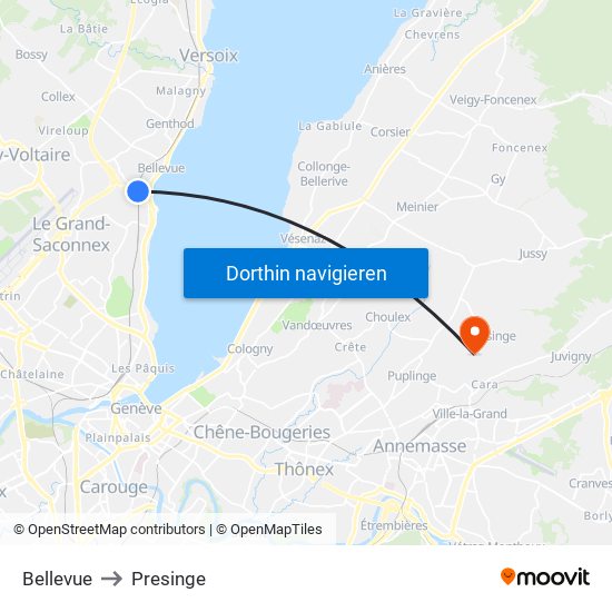 Bellevue to Presinge map