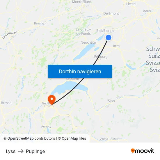 Lyss to Puplinge map
