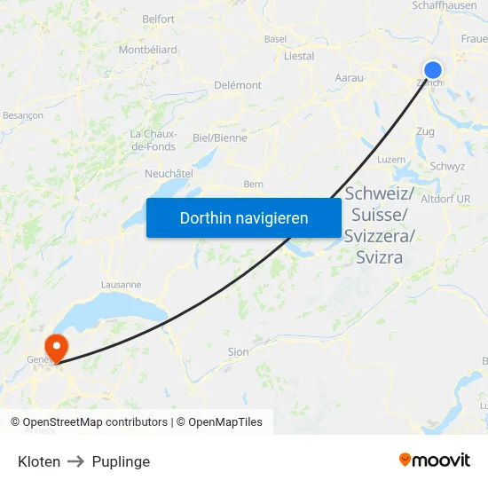 Kloten to Puplinge map
