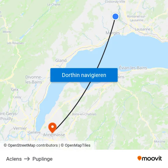 Aclens to Puplinge map
