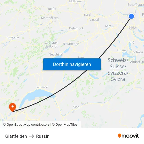 Glattfelden to Russin map
