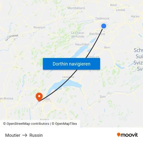 Moutier to Russin map