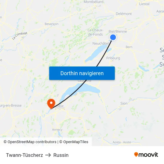 Twann-Tüscherz to Russin map