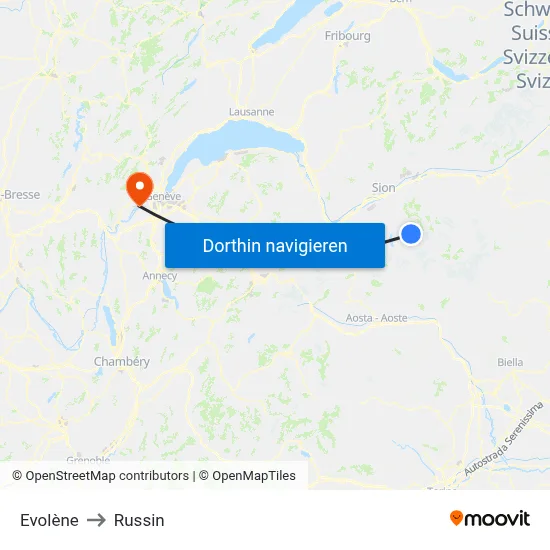 Evolène to Russin map