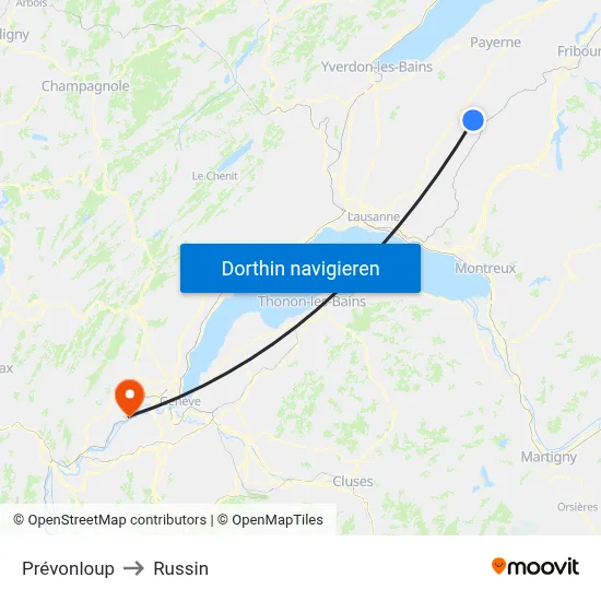 Prévonloup to Russin map