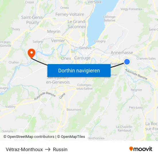 Vétraz-Monthoux to Russin map