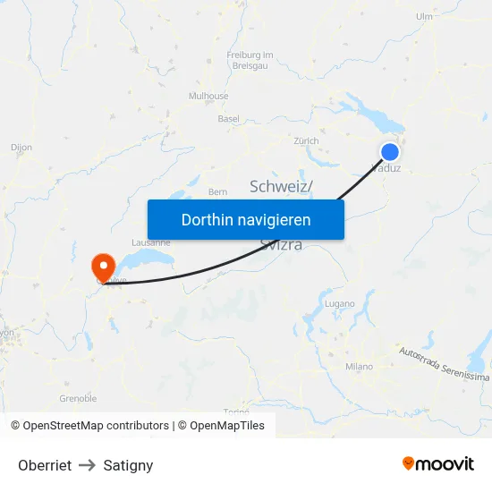 Oberriet to Satigny map